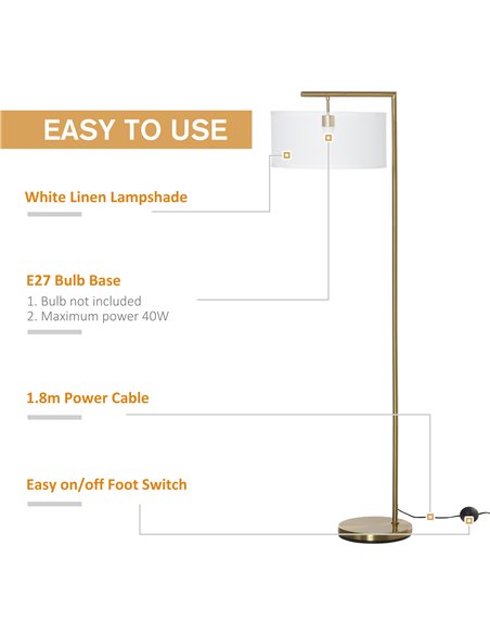 HOMCOM Floor Lamp, Modern Standing Light with Linen Lampshade, Round Base for Living Room, Bedroom, Dining Room, Gold and White - pic 26291 | FastDaddyshop