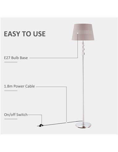 HOMCOM Floor Lamp with Hollow Out Fabric Shade, Chrome Base, Elegant Decoration for Bedroom, Living Room, Study, Grey