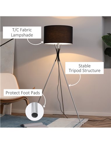 HOMCOM Modern Tripod Floor Lamp with E27 Base, Black B31-370V70