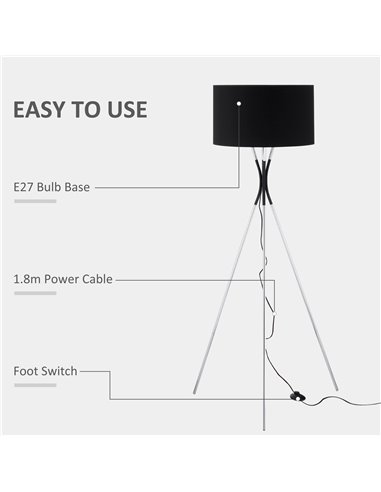 HOMCOM Modern Tripod Floor Lamp with E27 Base, Black B31-370V70