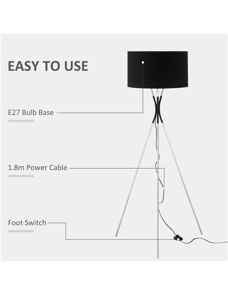 HOMCOM Modern Tripod Floor Lamp with E27 Base, Black B31-370V70 - pic 26309 | FastDaddyshop