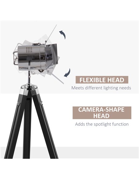 HOMCOM Industrial Tripod Floor Lamp, Nautical Cinema Standing Spotlight with Wood Legs and Adjustable Height for Living, Bedroom - pic 26326 | FastDaddyshop