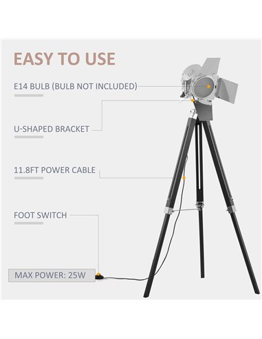 HOMCOM Industrial Tripod Floor Lamp, Nautical Cinema Standing Spotlight with Wood Legs and Adjustable Height for Living, Bedroom
