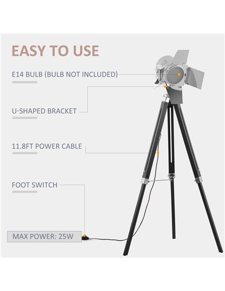 HOMCOM Industrial Tripod Floor Lamp, Nautical Cinema Standing Spotlight with Wood Legs and Adjustable Height for Living, Bedroom - pic 26327 | FastDaddyshop