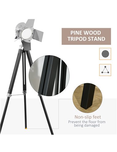 HOMCOM Industrial Tripod Floor Lamp, Nautical Cinema Standing Spotlight with Wood Legs and Adjustable Height for Living, Bedroom