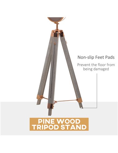 HOMCOM Industrial Tripod Floor Lamp, Nautical Searchlight with Adjustable Height, Wood Legs, E12 Lamp Base for Living, Bedroom, 