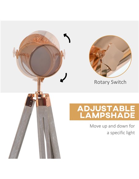 HOMCOM Industrial Tripod Floor Lamp, Nautical Searchlight with Adjustable Height, Wood Legs, E12 Lamp Base for Living, Bedroom,  - pic 26336 | FastDaddyshop