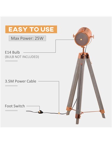 HOMCOM Industrial Tripod Floor Lamp, Nautical Searchlight with Adjustable Height, Wood Legs, E12 Lamp Base for Living, Bedroom, 