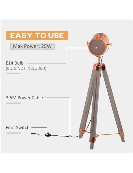 HOMCOM Industrial Tripod Floor Lamp, Nautical Searchlight with Adjustable Height, Wood Legs, E12 Lamp Base for Living, Bedroom,  - pic 26337 | FastDaddyshop