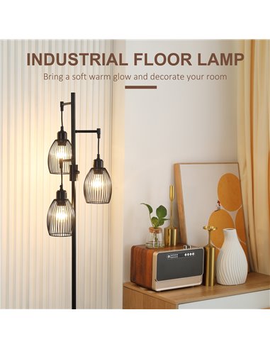 HOMCOM Industrial 3-Light Floor Lamp, Dimmable Standing Lamp with Metal lampshades for Living Room, Bedroom, Dinging Room, Study