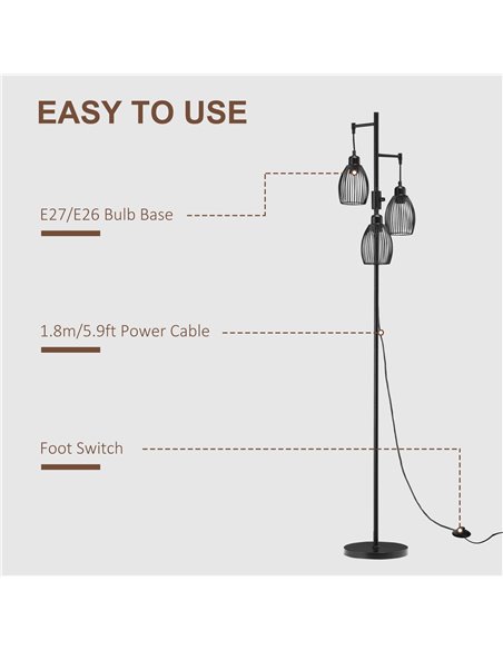 HOMCOM Industrial 3-Light Floor Lamp, Dimmable Standing Lamp with Metal lampshades for Living Room, Bedroom, Dinging Room, Study - pic 26354 | FastDaddyshop