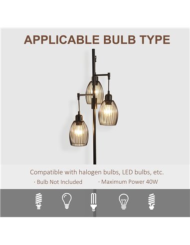 HOMCOM Industrial 3-Light Floor Lamp, Dimmable Standing Lamp with Metal lampshades for Living Room, Bedroom, Dinging Room, Study