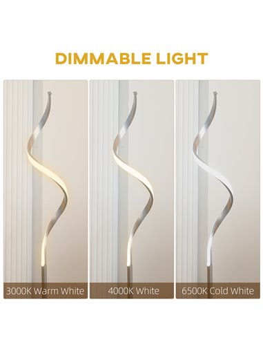 HOMCOM Dimmable Floor Lamp for Living Room, Modern Spiral Standing Lamp with 3 Adjustable Brightness and Square Base, Silver