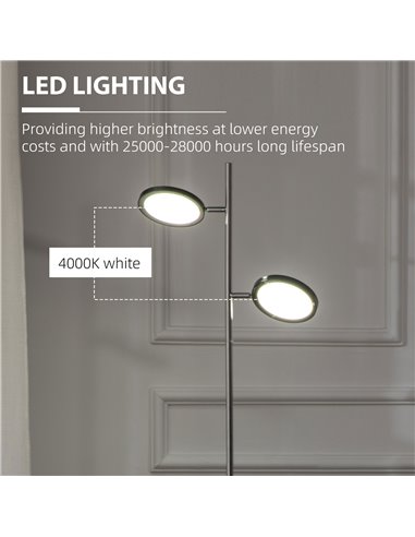 HOMCOM Modern Floor Lamps for Living Room, Standing Lamp with 2 Light White LED, Adjustable Head, 25x25x165cm, Chrome