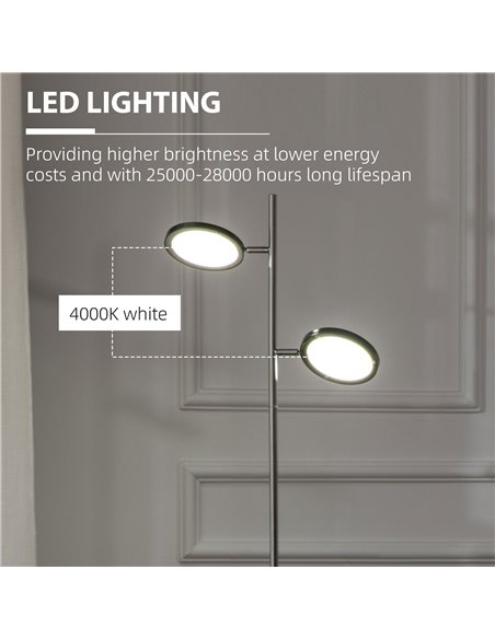 HOMCOM Modern Floor Lamps for Living Room, Standing Lamp with 2 Light White LED, Adjustable Head, 25x25x165cm, Chrome - pic 26434 | FastDaddyshop