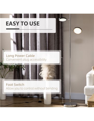 HOMCOM Modern Floor Lamps for Living Room, Standing Lamp with 2 Light White LED, Adjustable Head, 25x25x165cm, Chrome