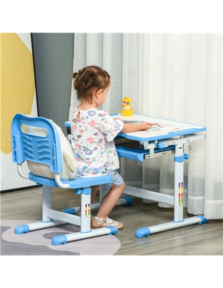 HOMCOM Kids Desk and Chair Set with Tiltable Desktop, Drawer, Pen Slot, Hook, Blue - pic 26449 | FastDaddyshop