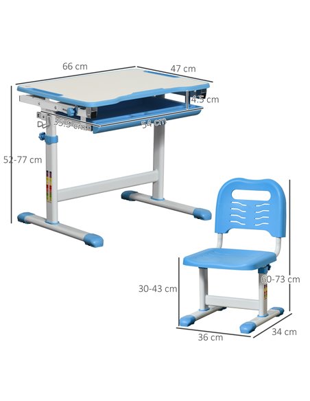 HOMCOM Kids Desk and Chair Set with Tiltable Desktop, Drawer, Pen Slot, Hook, Blue - pic 26450 | FastDaddyshop