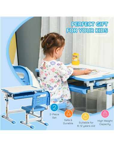 HOMCOM Kids Desk and Chair Set with Tiltable Desktop, Drawer, Pen Slot, Hook, Blue