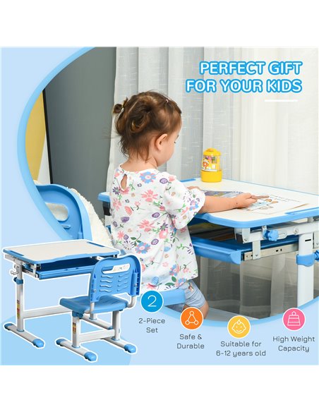HOMCOM Kids Desk and Chair Set with Tiltable Desktop, Drawer, Pen Slot, Hook, Blue - pic 26451 | FastDaddyshop