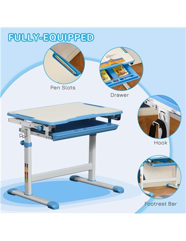 HOMCOM Kids Desk and Chair Set with Tiltable Desktop, Drawer, Pen Slot, Hook, Blue