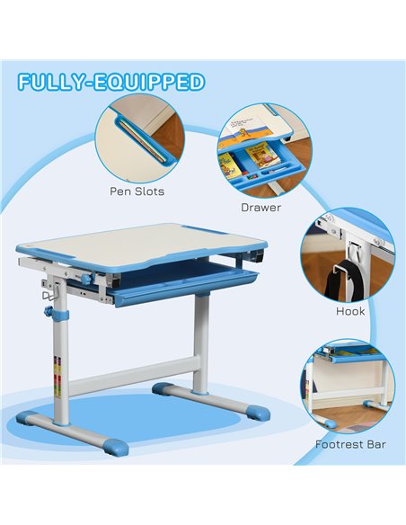 HOMCOM Kids Desk and Chair Set with Tiltable Desktop, Drawer, Pen Slot, Hook, Blue - pic 26452 | FastDaddyshop