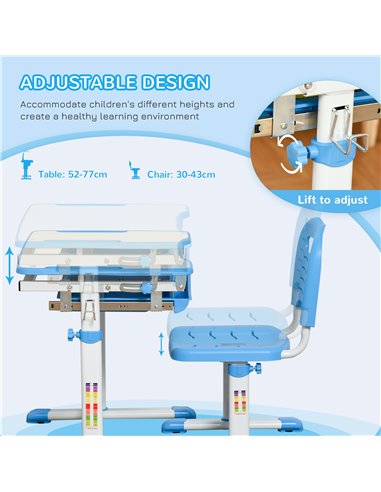 HOMCOM Kids Desk and Chair Set with Tiltable Desktop, Drawer, Pen Slot, Hook, Blue