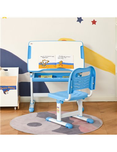 HOMCOM Kids Desk and Chair Set with Tiltable Desktop, Drawer, Pen Slot, Hook, Blue