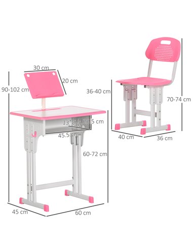 HOMCOM Kids Desk and Chair Set with Storage Drawer, Book Stand, Cup Holder, Pen Slot, Pink