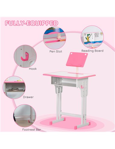 HOMCOM Kids Desk and Chair Set, Height Adjustable Study Table Set with Storage Drawer, Book Stand, Cup Holder, Pen Slot, Pink