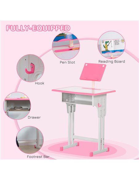 HOMCOM Kids Desk and Chair Set, Height Adjustable Study Table Set with Storage Drawer, Book Stand, Cup Holder, Pen Slot, Pink - pic 26461 | FastDaddyshop