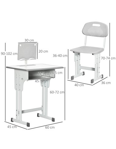 HOMCOM Kids Desk and Chair Set with Storage Drawer, Book Stand, Cup Holder, Pen Slot, Grey