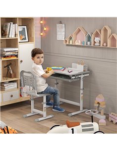 HOMCOM Kids Desk and Chair Set, Children School Study Table with Tiltable Desktop, Grey 2