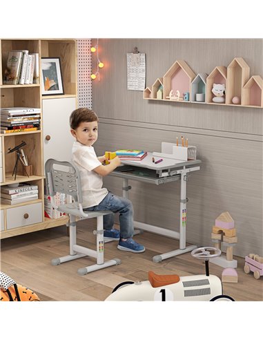 HOMCOM Kids Desk and Chair Set Height Adjustable Student Writing Desk Children School Study Table with Tiltable Desktop, Grey