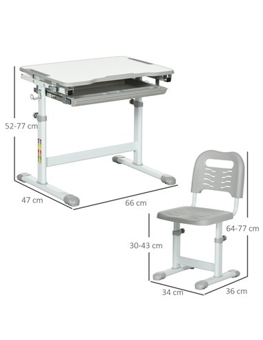 HOMCOM Kids Desk and Chair Set Height Adjustable Student Writing Desk Children School Study Table with Tiltable Desktop, Grey