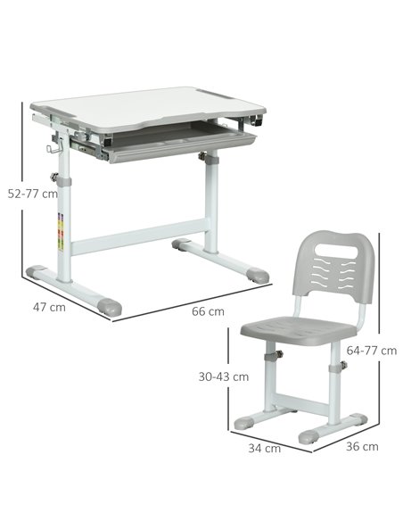 HOMCOM Kids Desk and Chair Set Height Adjustable Student Writing Desk Children School Study Table with Tiltable Desktop, Grey - pic 26477 | FastDaddyshop