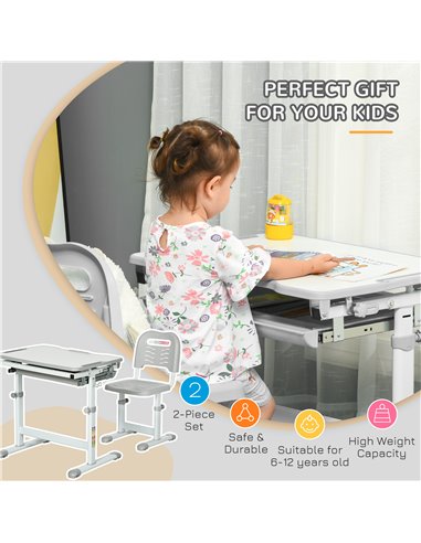 HOMCOM Kids Desk and Chair Set Height Adjustable Student Writing Desk Children School Study Table with Tiltable Desktop, Grey