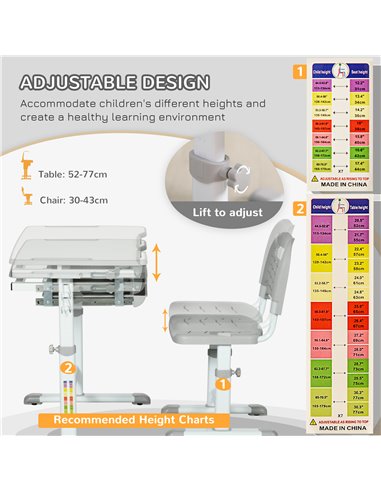 HOMCOM Kids Desk and Chair Set with Tiltable Desktop, Grey 312-064V80GY
