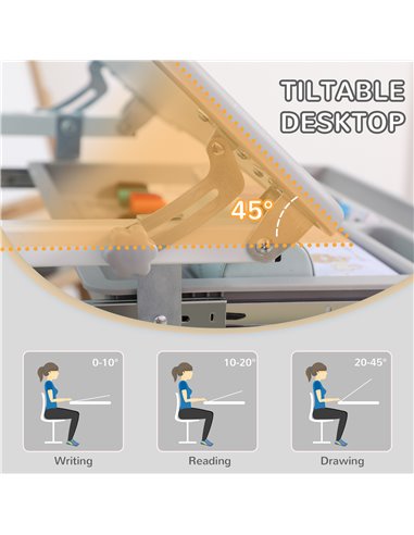 HOMCOM Kids Desk and Chair Set with Tiltable Desktop, Grey 312-064V80GY