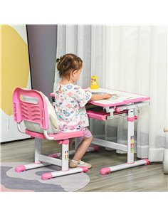 HOMCOM Kids Desk and Chair Set, Student Adjustable Writing Desk, with Drawer, Pen Slot, Hook - Pink 2