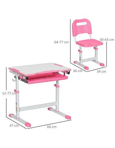 HOMCOM Kids Desk and Chair Set, Student Adjustable Writing Desk, with Drawer, Pen Slot, Hook - Pink