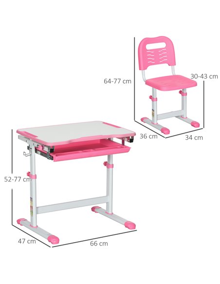 HOMCOM Kids Desk and Chair Set, Student Adjustable Writing Desk, with Drawer, Pen Slot, Hook - Pink - pic 26486 | FastDaddyshop