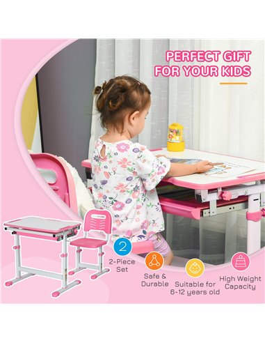 HOMCOM Kids Desk and Chair Set with Drawer, Pen Slot, Pink 312-064V80PK