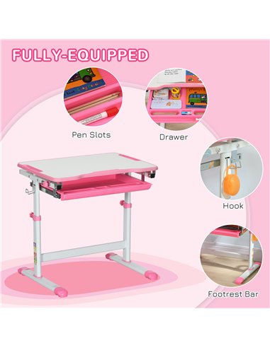 HOMCOM Kids Desk and Chair Set with Drawer, Pen Slot, Pink 312-064V80PK