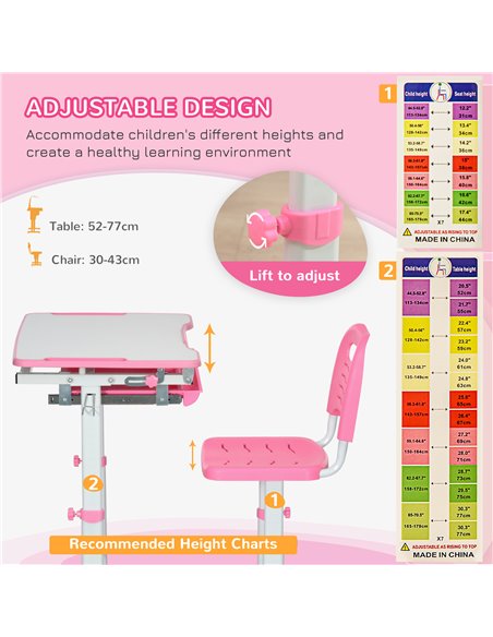 HOMCOM Kids Desk and Chair Set, Student Adjustable Writing Desk, with Drawer, Pen Slot, Hook - Pink - pic 26489 | FastDaddyshop