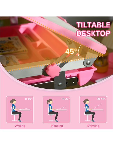 HOMCOM Kids Desk and Chair Set, Student Adjustable Writing Desk, with Drawer, Pen Slot, Hook - Pink - pic 26490 | FastDaddyshop