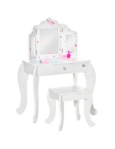 HOMCOM Kids Vanity Table & Stool Girls Dressing Set Make Up Desk Chair Dresser Play Set with Rotatable Mirrors Drawer Star & Hea