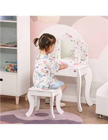 HOMCOM Kids Vanity Table & Stool Girls Dressing Set Make Up Desk Chair Dresser Play Set with Rotatable Mirrors Drawer Star & Hea