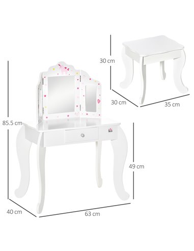 HOMCOM Kids Vanity Table & Stool Girls Dressing Set Make Up Desk Chair Dresser Play Set with Rotatable Mirrors Drawer Star & Hea