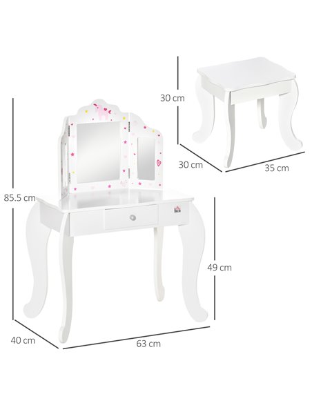 HOMCOM Kids Vanity Table & Stool Girls Dressing Set Make Up Desk Chair Dresser Play Set with Rotatable Mirrors Drawer Star & Hea - pic 26513 | FastDaddyshop